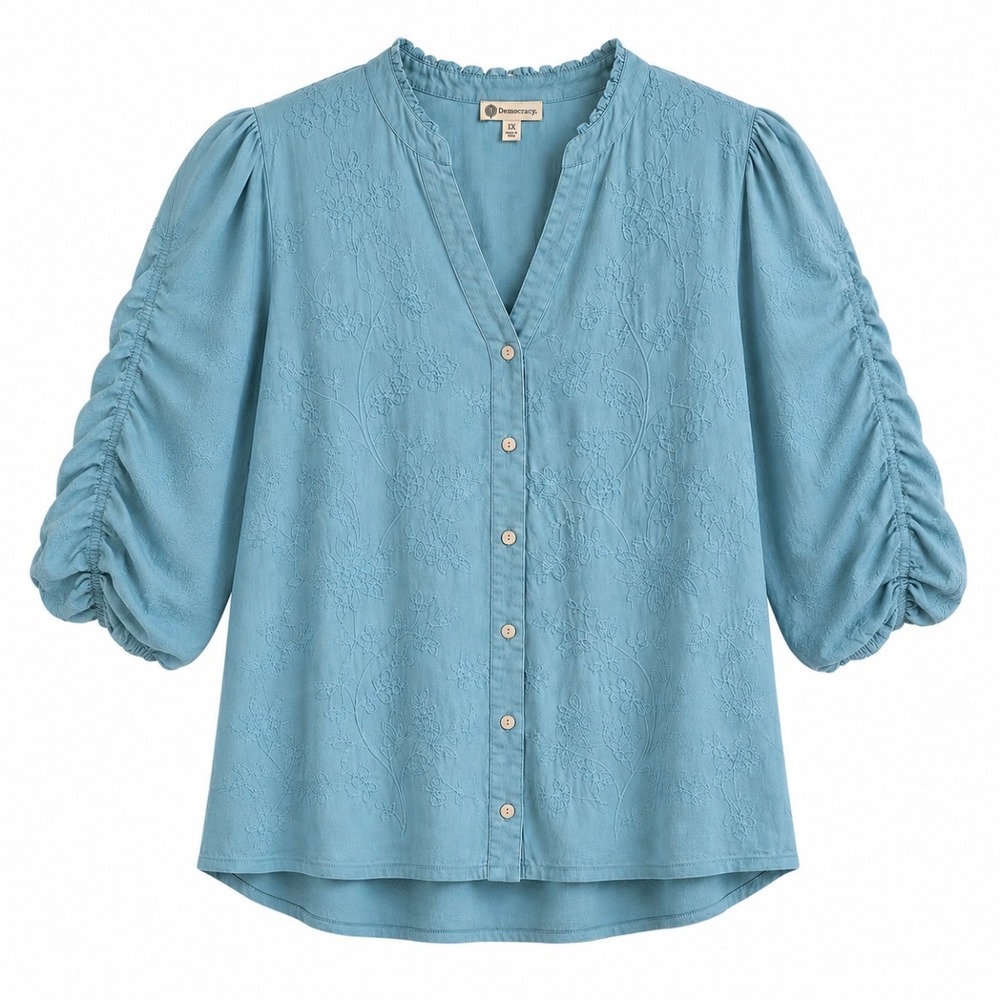 Democracy Green 1X Embroidered Floral Button Front Ruched Sleeve Top Plus 1X